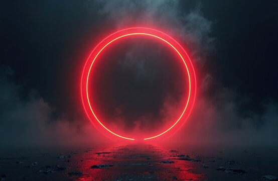 Red neon circle glows on dark wet ground with mist. Abstract glowing ring offers empty space for text overlay. Futuristic design element, digital art, mysterious atmosphere. - Powered by Adobe