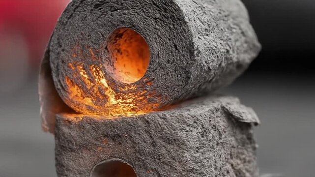 Charred toilet paper roll with glowing core symbolizing waste and burning
