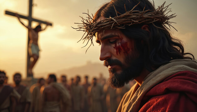 Jesus Christ wears crown of thorns on calvary. Man face shows suffering. Crowd watches crucifixion on Easter day. Holy scene depicts faith and sacrifice.