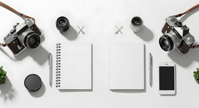 Symmetrical Photographer's Workspace Mockup with Vintage Cameras, Notebooks, and Smartphones