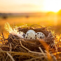 Obraz premium Quail Eggs in Nest at Sunset - A Symbol of New Beginnings.