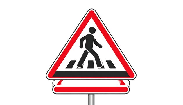 Warning sign of pedestrians crossing; a red triangle with zebra crossing