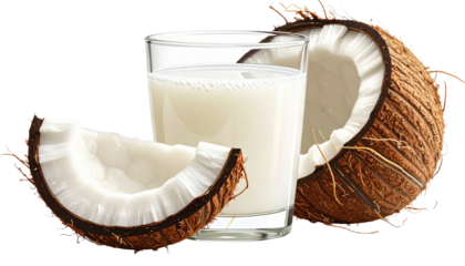 Refreshing Coconut Milk in a Glass with Sliced Coconuts on a Transparent background