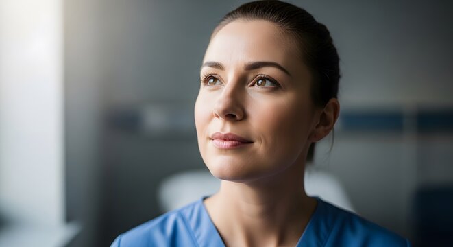 Focused female in blue scrubs gazes optimistically towards the light, radiating serene strength. - Powered by Adobe