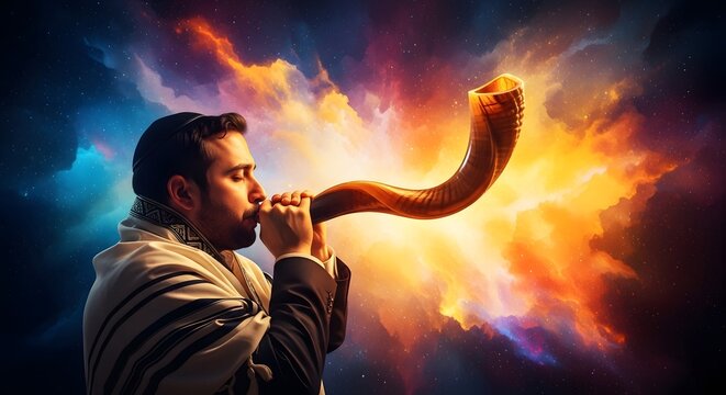 Man blowing a shofar with vibrant colorful smoke swirling behind him