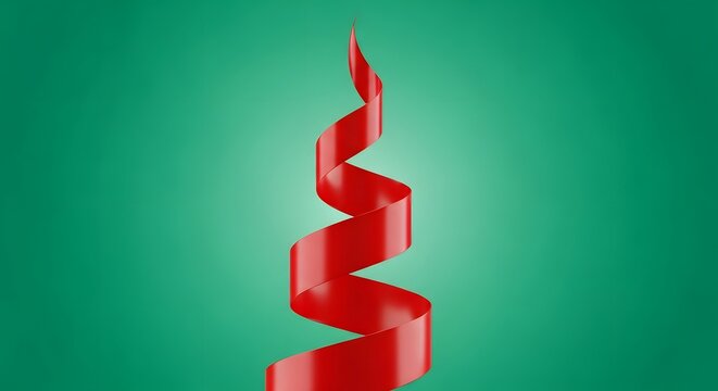 A vibrant red ribbon elegantly swirls upwards, creating a dynamic and festive visual against green.