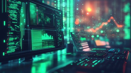 Analyzing financial data and coding on technology screens