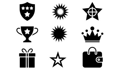 Set of graphical icons representing winning shield star cup crown gift and wallet for visual designs and marketing concepts in projects