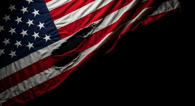 Tattered american flag waving against a stark black background symbolizing resilience