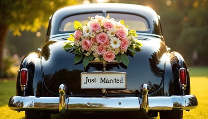 Classic black car adorned with pink roses, daisies displays Just Married sign. Vintage automobile decorated for wedding celebration, new beginnings. Vehicle gleams under soft sunlight on rich green
