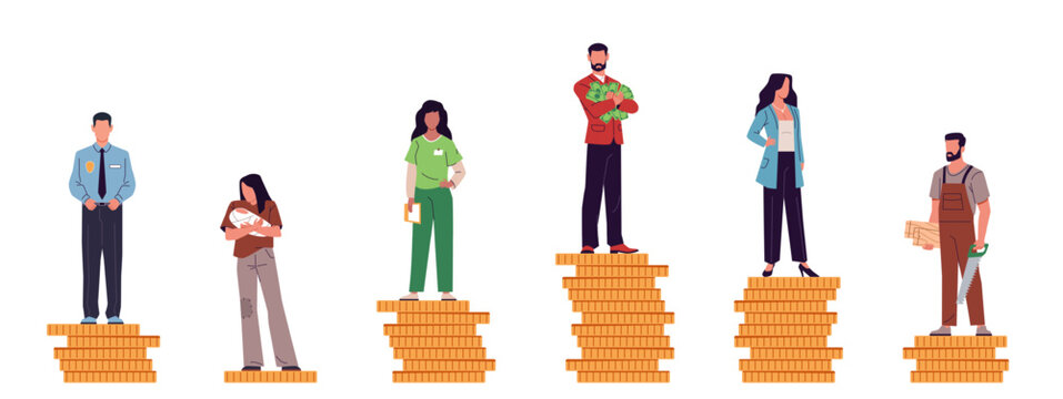 Salary gap. Different incomes people stand on gold coins stacks, rich and poor, social hierarchy, financial well being, manager and employee worker, cartoon isolated nowaday vector set