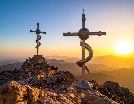 Two metallic crosses with serpent designs at sunset on rocky peaks - Powered by Adobe