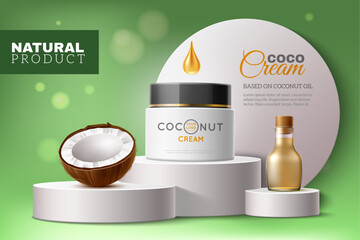 Realistic coconut cream poster. Platform with realistic cream container and oil in bottle. Nut and jar on white podium. Promotional banner. Face and body care advertising vector 3d concept
