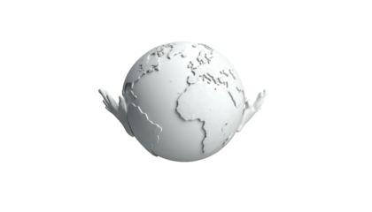 White globe with hands clutching it, isolated on black