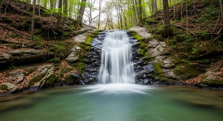 Serene waterfall cascading over mossy rocks into a tranquil pool in a lush green forest.