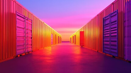 Shipping containers corridor under vibrant surreal sunset sky