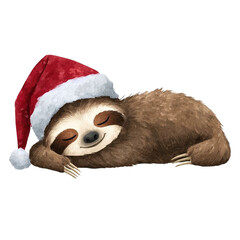 A sloth wearing a festive Santa hat and relaxing.