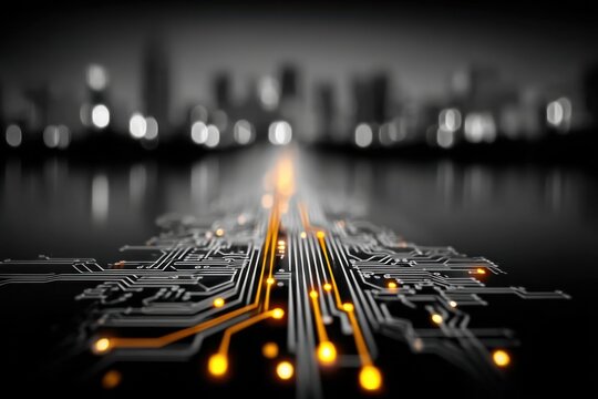 Digital Superhighway: This image showcases a sophisticated network of circuits as they converge towards a blurred cityscape, emphasizing digital innovation and technological advancement.
