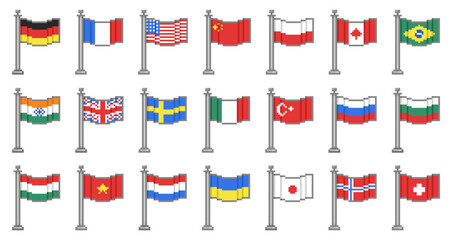 Pixel art country flags. National colors and signs, fluttering canvases, 8 bit graphic, simple icons for apps and games ui, geography emblem, travel label, qualitative vector isolated set