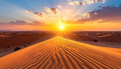 Vivid desert landscape, sun rays breaking over rolling sand dunes