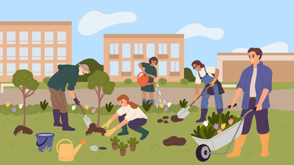 People work in city park. Happy citizens plant tree seedlings and flowers in courtyard, street greening process, environment care, community volunteer cartoon flat garish vector concept