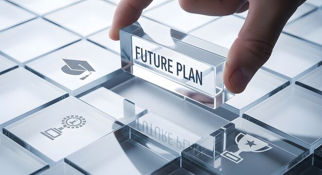 Finger placing a transparent block with future plan text on a keyboard