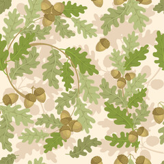 Oak branches seamless pattern. Elegant botanical elements, leaves and acorns, repeated decorative plants. Decor textile, wrapping paper, wallpaper. Print for fabric splendid vector background