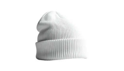 White knit beanie with folded brim on a dark background