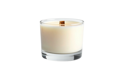 White wax candle with wooden wick in clear glass on black ground