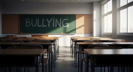 Empty classroom with sunlight shining on desks and the word bullying written on chalkboard symbolizing school awareness and need for prevention education
