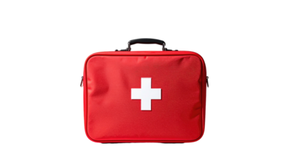 Red medical kit with white cross, centered