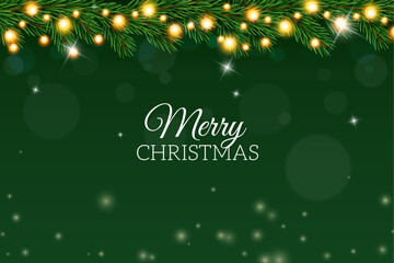 Merry christmas fir poster. Background for banner design with coniferous tree garland. Congratulation text, winter holidays, xmas party festive greeting card. Vector realistic concept