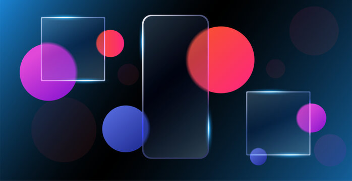 Glassmorphing transparent frames. Round shapes blur effect, view through frosted glass, empty planes for text, square web template, ui minimal buttons, qualitative vector concept