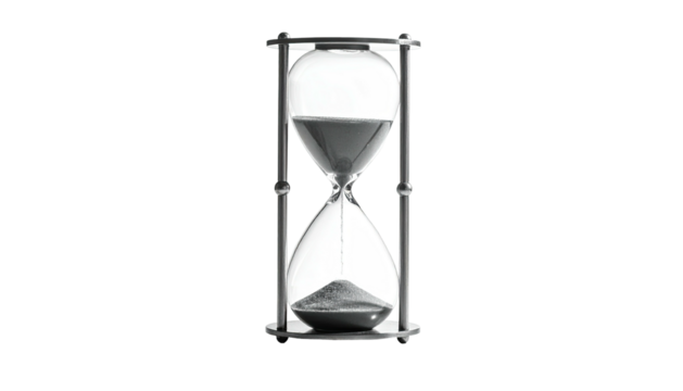 Hourglass sand flowing, time passing. Monochrome
