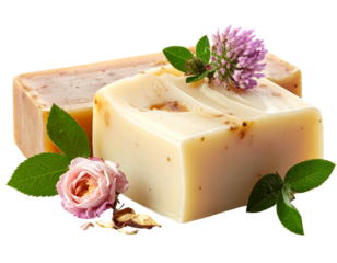 Close-up of two handcrafted soap bars with botanical decorations including a pink rose and a purple clover. The soaps have a natural, textured look