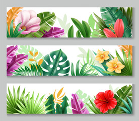 Exotic plants horizontal banners. Decorative border with tropical leaves and flowers, jungle palm branches, banana and monstera, orchid blossom, and red hibiscus, vector set