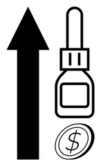 Upward arrow, cosmetic dropper bottle, and coin symbolizing growth, skincare trends, economic value, and pricing. Ideal for industry analysis, beauty business, marketing sales growth profit