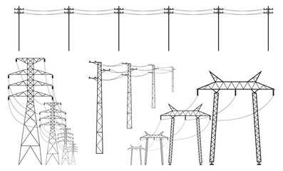 Electric power lines. Transmission towers with wires, high voltage cables, energy transmission, different pylons, poles with wire black silhouette, city infrastructure qualitative vector set