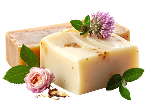 Close-up of two handcrafted soap bars with botanical decorations including a pink rose and a purple clover. The soaps have a natural, textured look