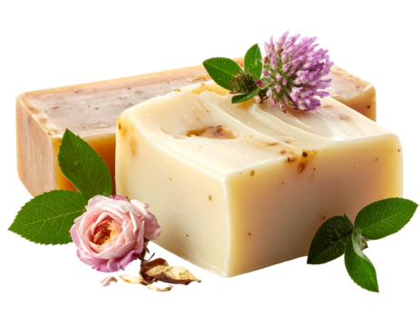 Close-up of two handcrafted soap bars with botanical decorations including a pink rose and a purple clover. The soaps have a natural, textured look