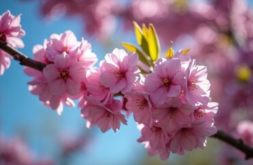 Obraz premium Vibrant pink cherry blossoms against clear blue sky. Delicate petals frame branch, springtime beauty, renewal. Image evokes feelings of joy freshness, natural elegance perfect for seasonal design