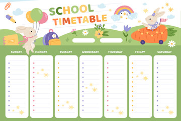 Cute rabbits school schedule. Funny little bunnies with supplies, kids weekly planner template, cartoon animals character, childish poster, empty textbox, garish vector timetable concept