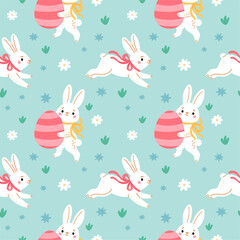 Cute easter rabbits seamless pattern. Little funny bunny with colorful patterned egg, spring holiday textile, wrapping paper, wallpaper. Print for fabric, garish vector background