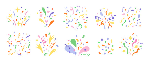 Colorful party confetti. Different types and shapes pieces of paper, streamers, dots, stars flying out of firecrackers, celebration cartoon flat isolated composition garish vector set