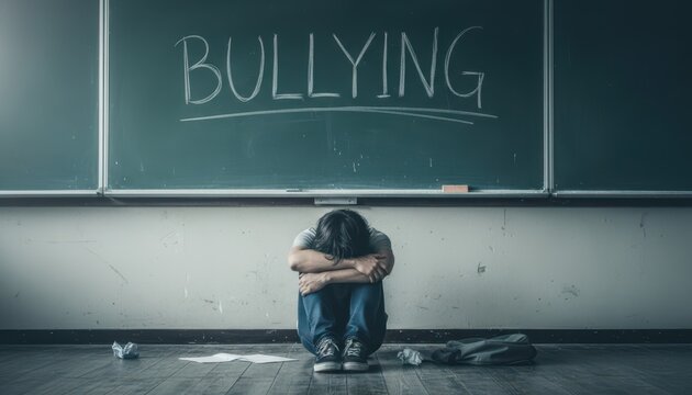 Somber scene of a student sitting alone on the classroom floor with head buried in arms under a large bullying message written on the chalkboard creating a heavy mood of fear and isolation