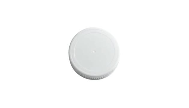 Top view of a plain, circular, white plastic bottle cap