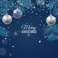 Christmas frame card. Square design template for poster. Blue conifer tree branches background. Glass silver toys decor. Merry xmas and happy new year. Decoration border. Vector concept