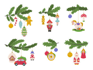 Cartoon christmas tree branches with toys. Vintage winter holiday decorations, nutcracker, ballerina, snowman and balls hanging decor, festive season garland classy vector isolated illustration