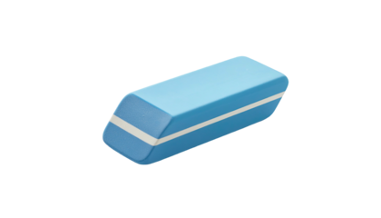 Blue eraser with white stripe, angled on a black background