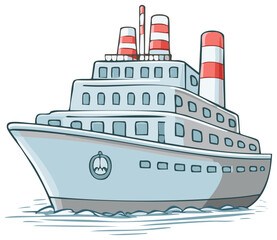 Stylized Cartoon Cruise Ship Illustration Floating on Water with Striped Smokestacks